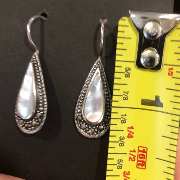 Sterling Silver 925 Marcasite Outlined Mother of Pearl Drop Earrings - Picture 12 of 13